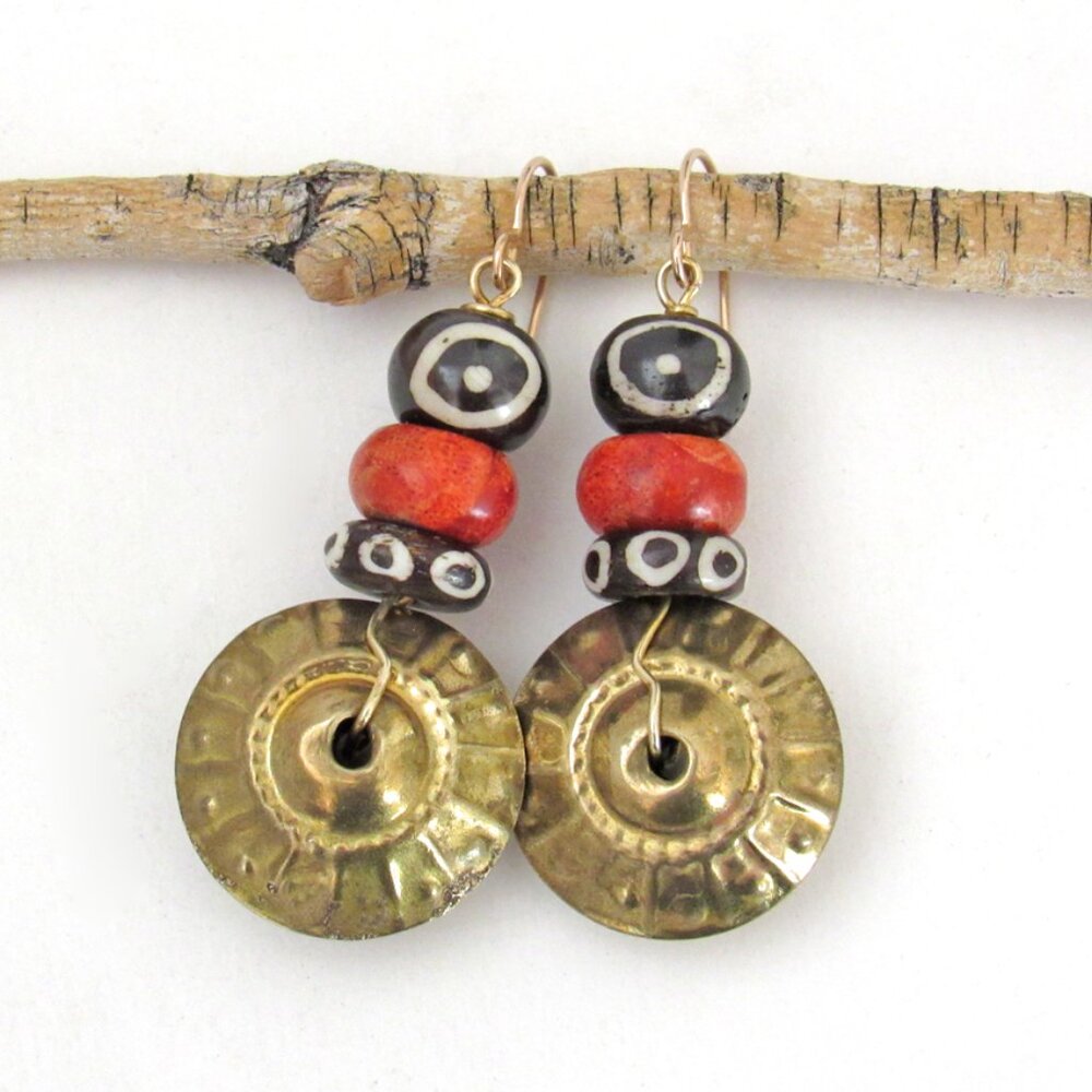 Handmade Vintage Brass Bead, Red Coral and African Batik Bone Earrings